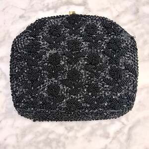 Vtg Sharonee Black Beaded Sequined Evening Mini Bag British Hong Kong